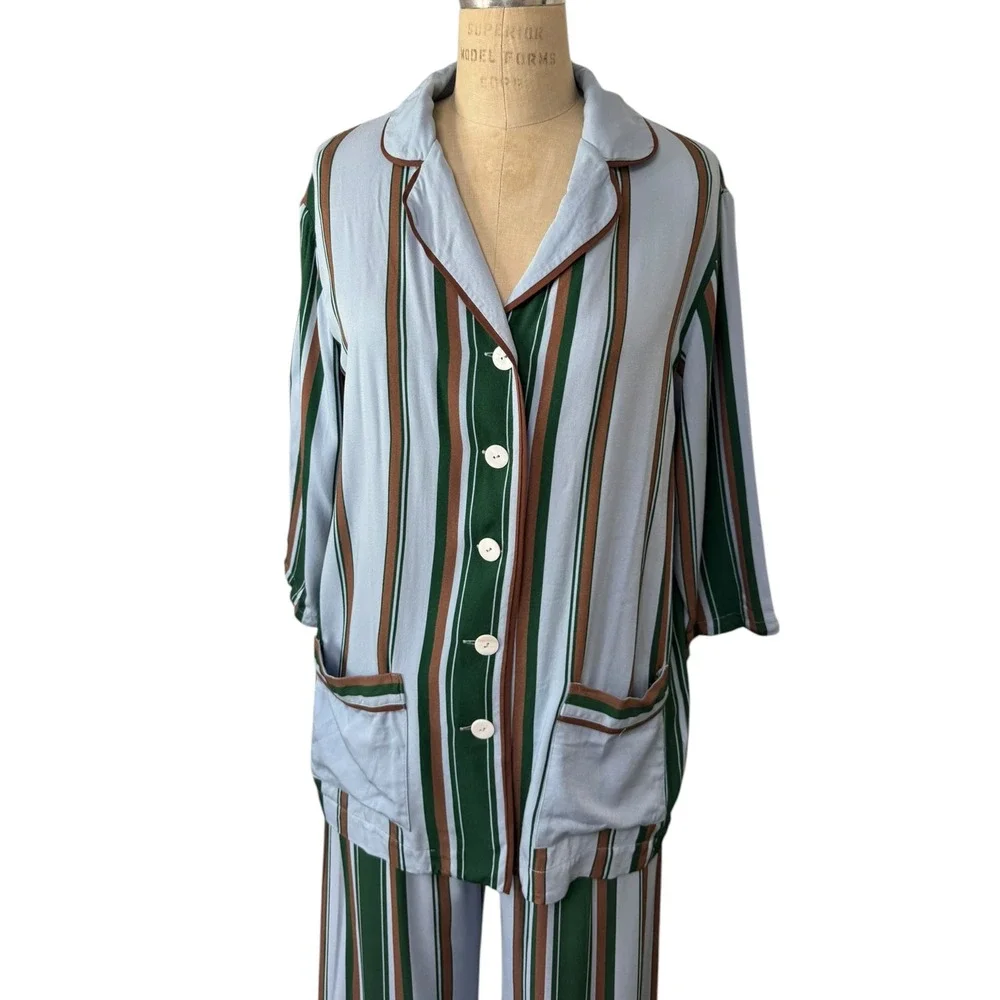 Sleeper Pajama Set Women Small Blue Green Striped Ostrich Feather Trim 2 Piece